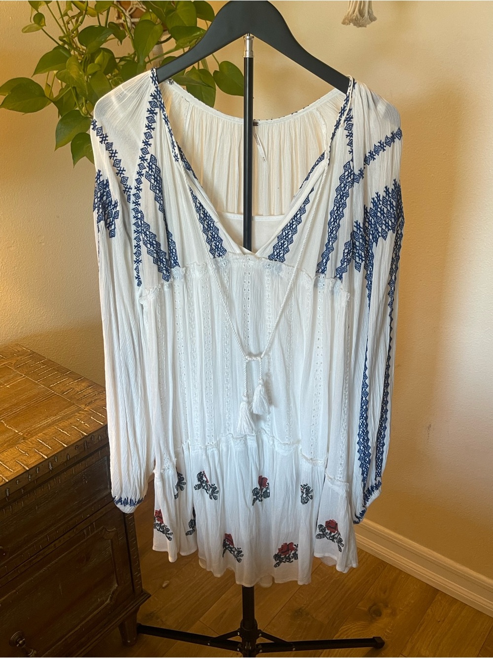 Free People Wild Horses White Mini Dress with Navy Embroidery - Picture 9 of 10